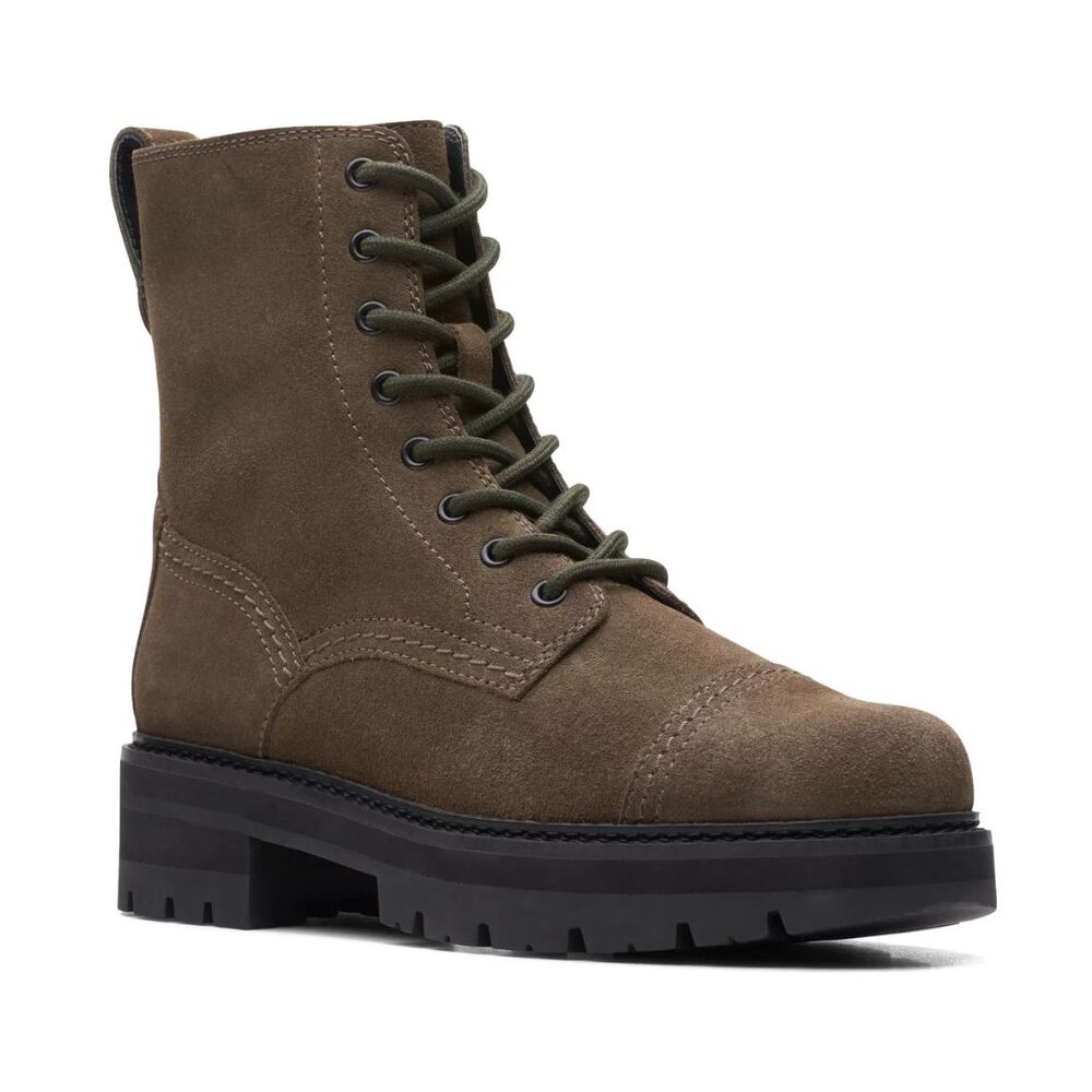 Clarks Orianna Cap Toe Olive Green Suede Lugged Zip Ankle‎ Boot WOMEN’s 9.5 NWOB
